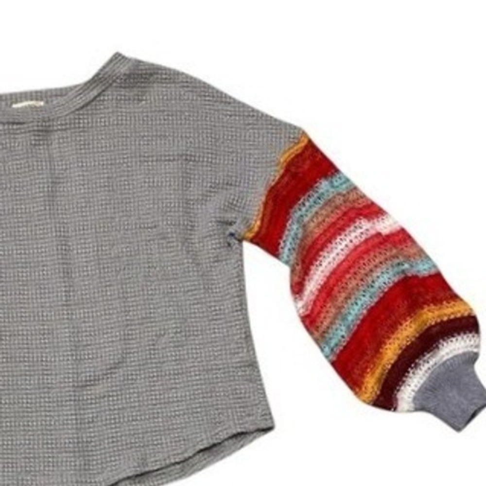 ANDTHEWHY Grey Waffle Knit Balloon Sleeve Striped Sweater‎ Rainbow Women's Small